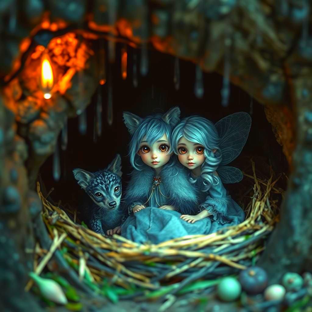 Wolf Family Shelter Fairy from Rain, Cinematic Film Still