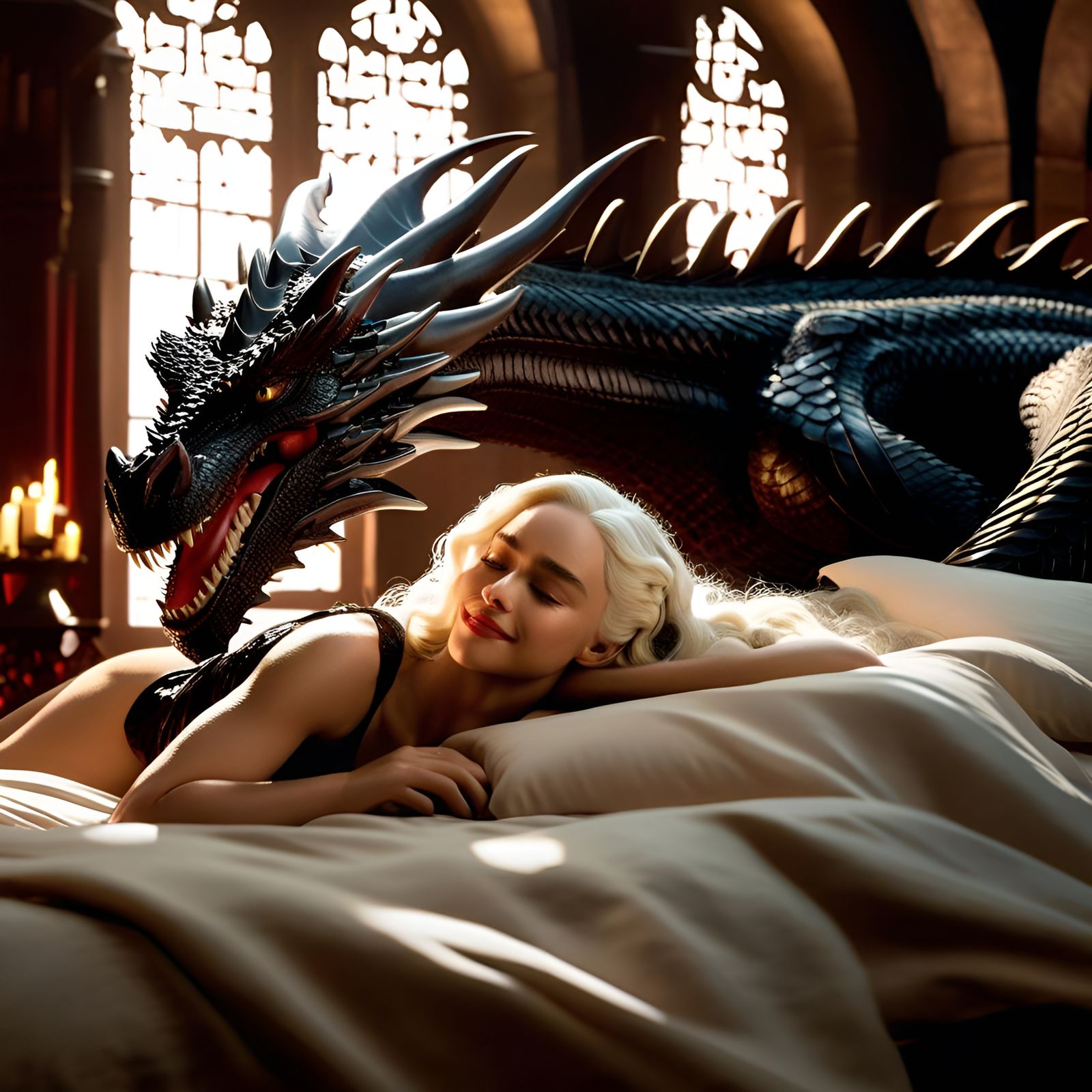 Daenerys and Drogon in Decadent Palace Bedroom