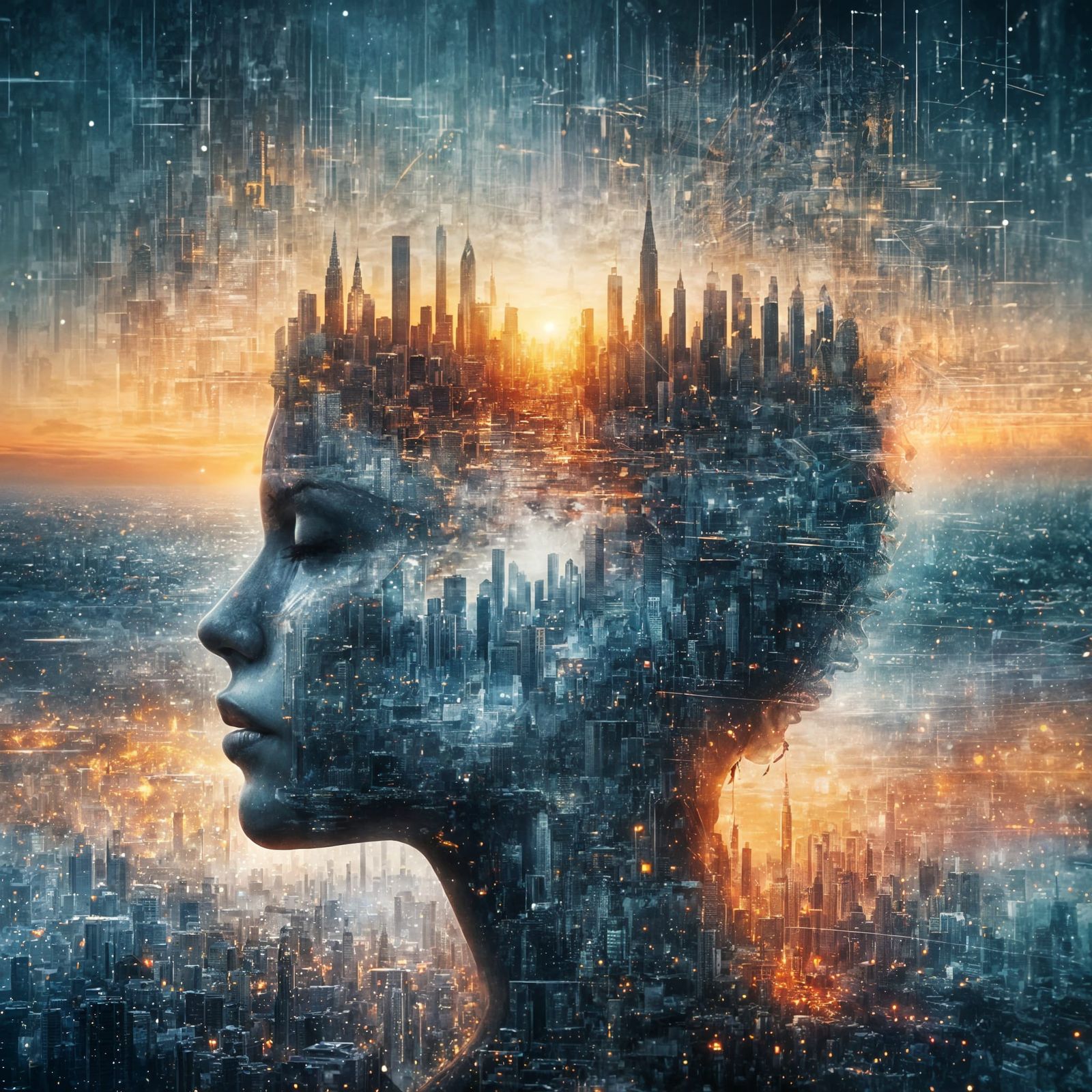 Cyber Queen Portrait with Cityscape Double Exposure