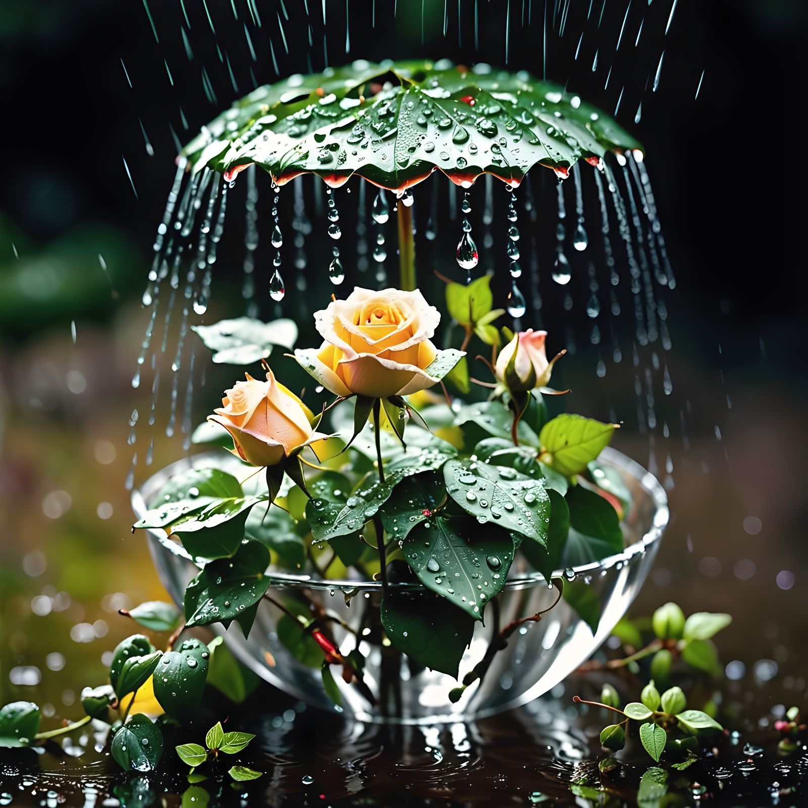 Hyperrealistic Raindrop with Roses in Cameo Glass Style