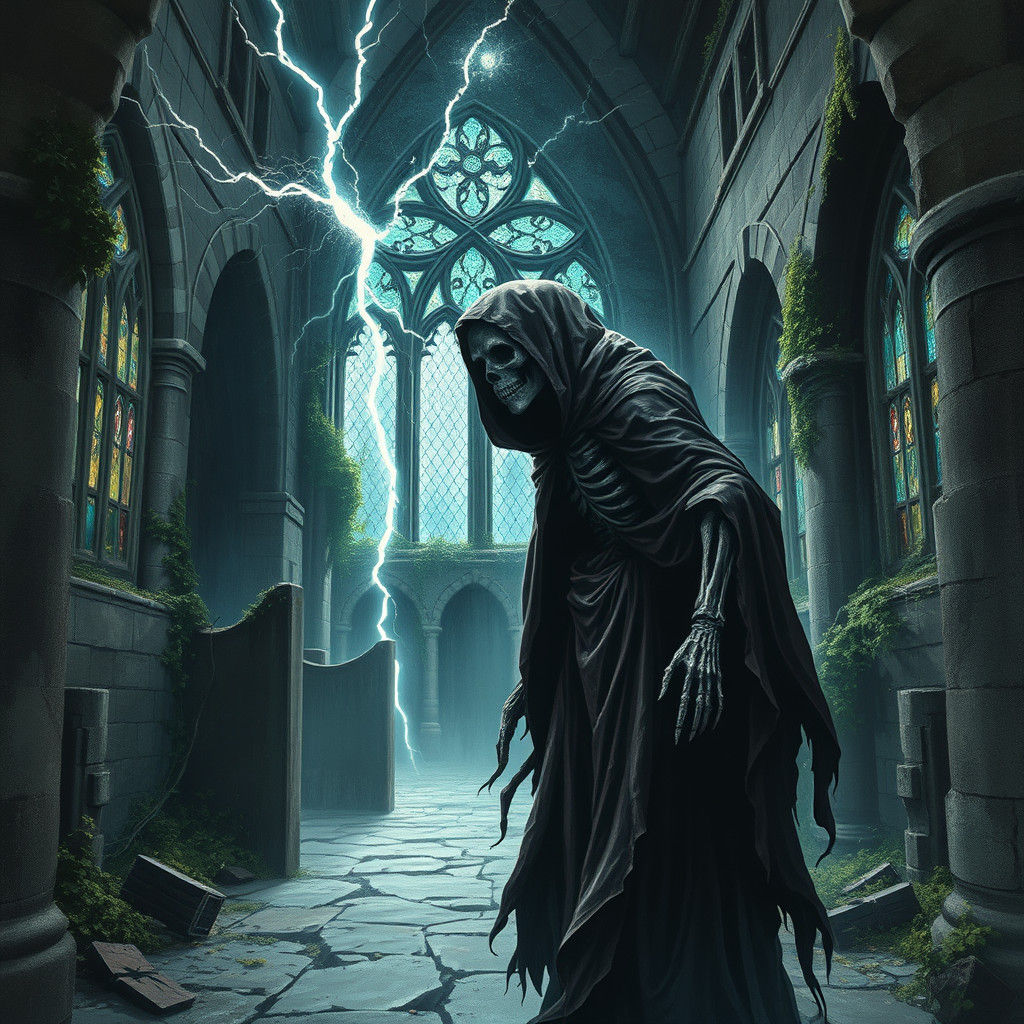 Skeletal Specter Haunting Ruined Church in Storm