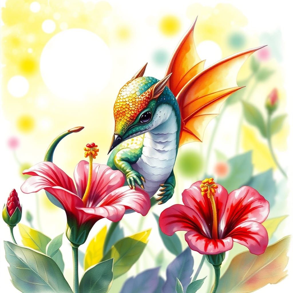 Hummingbird Dragon Nectar Sipping in Watercolor Style