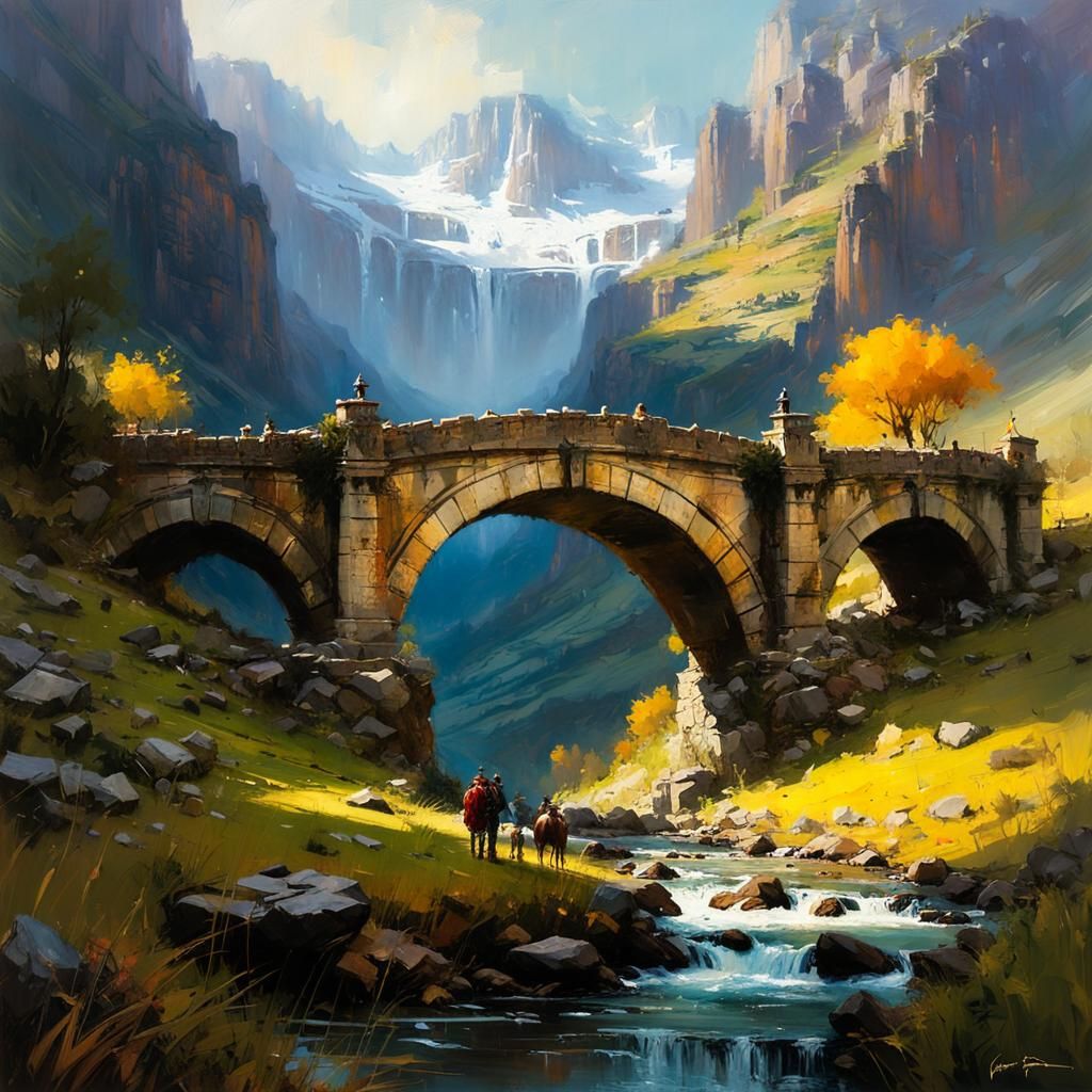 Stone Bridge Across Mountain Valley: Matte Painting