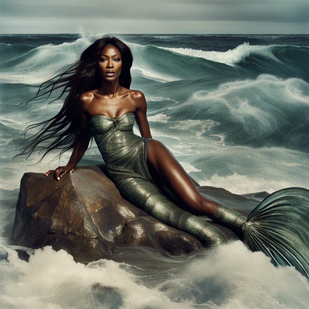 Naomi Campbell as Mermaid in Stormy Sea, Romantic Style