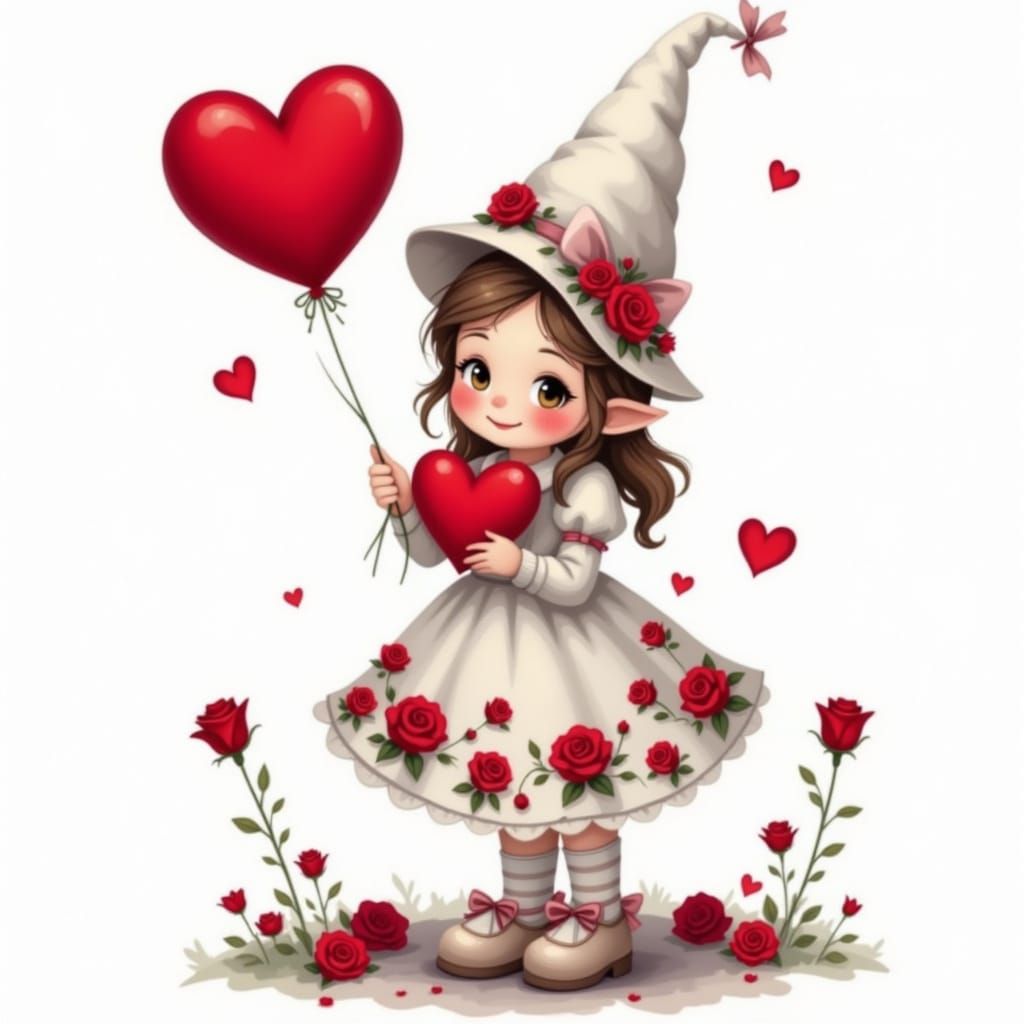Whimsical Heart Gnome with Rose Dress and Balloon