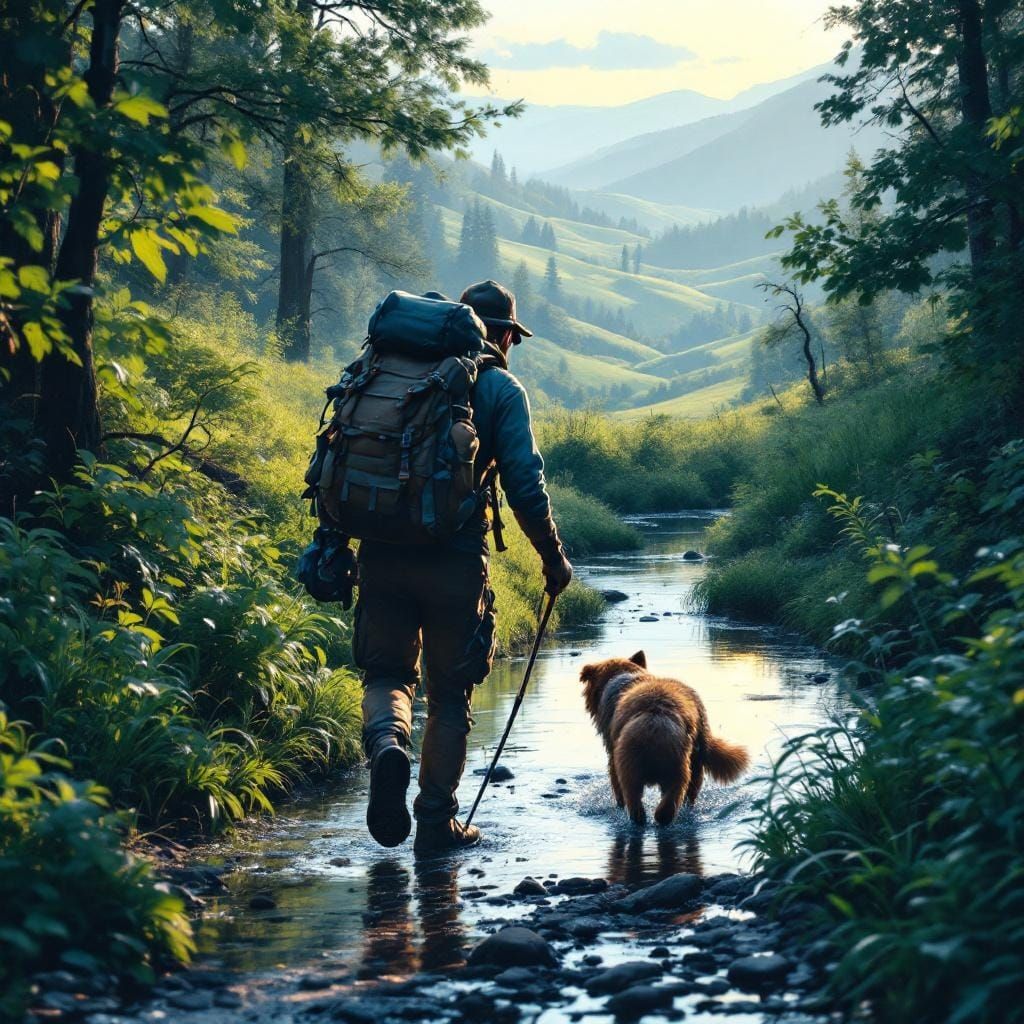 Hiker and Dog on Creek Trail, Digital Art