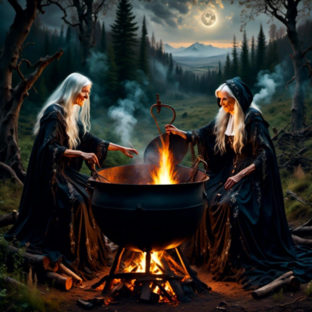 Elderly Witches Brewing Potion in Dark Forest