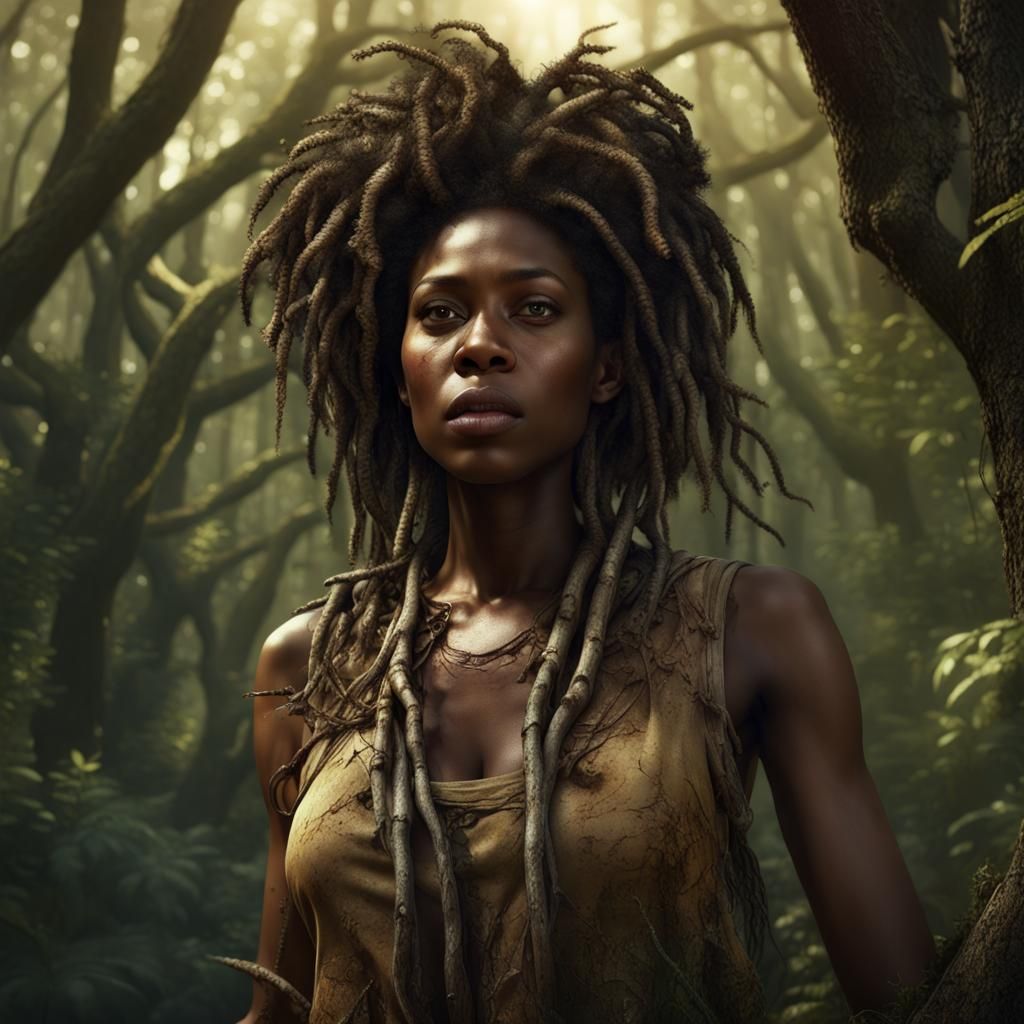 African Woman Merged with Forest Roots: 3D Art