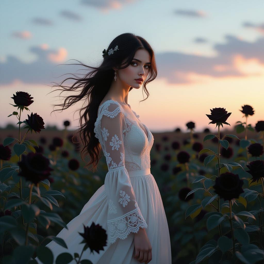 Gothic Romance: Lady in Black Rose Field at Twilight