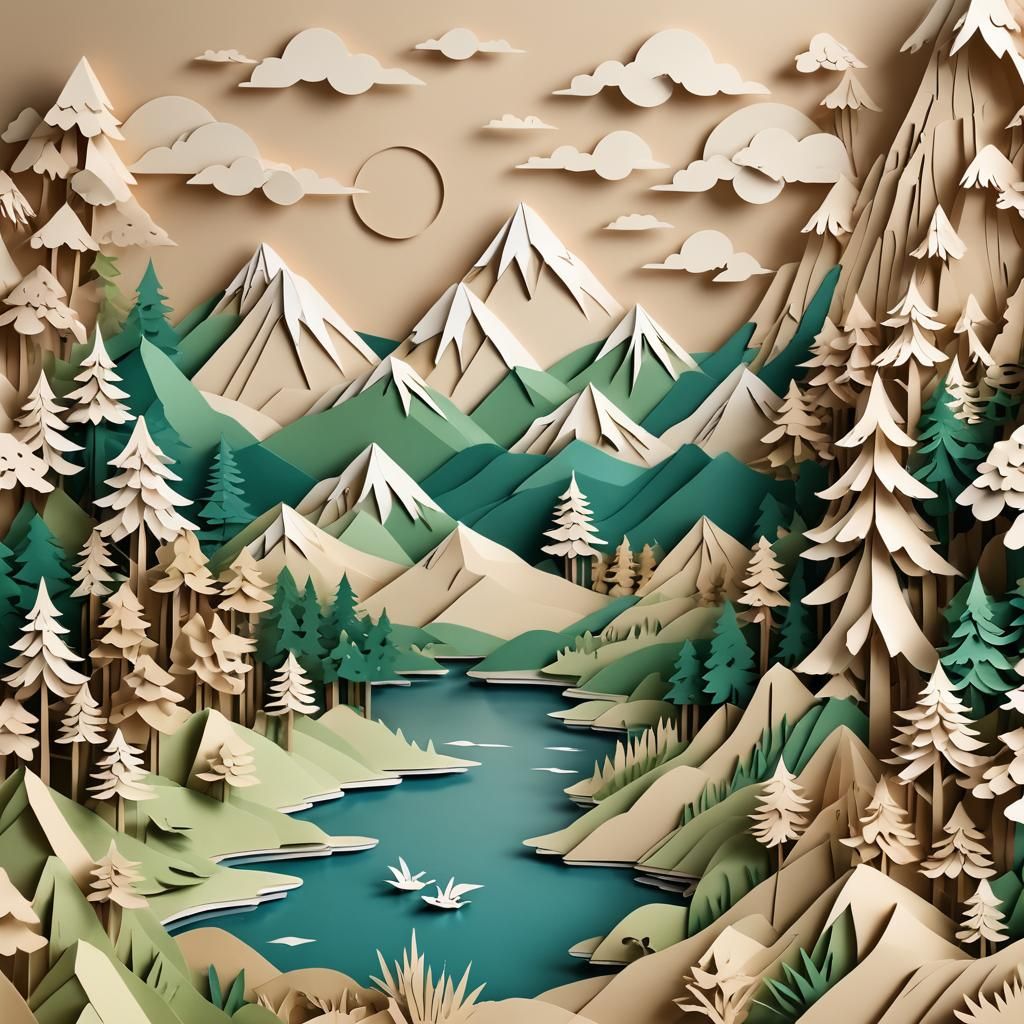 Kirigami Landscape with Mountains and Lake in 8K