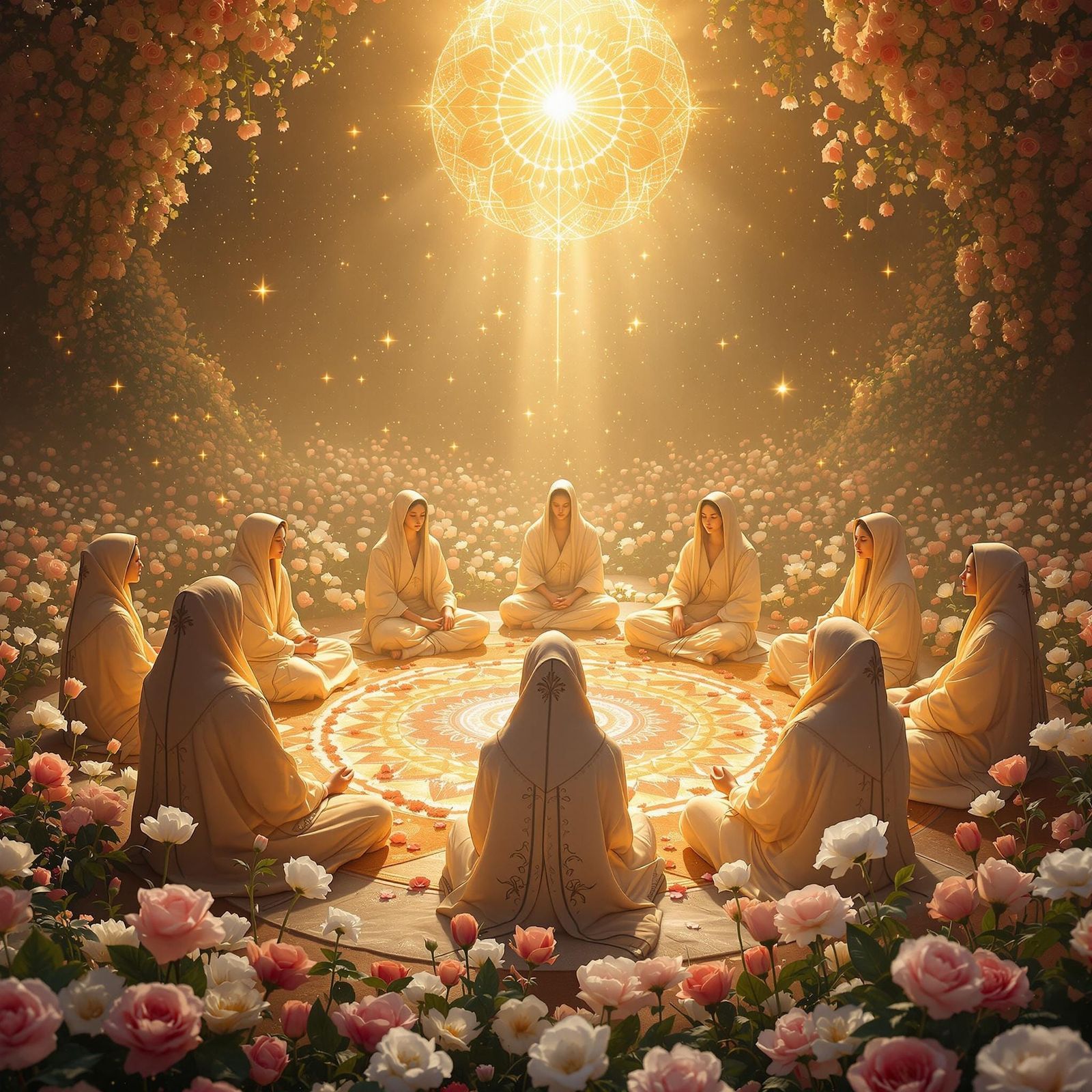 Spiritual Gathering in a Vibrant Floral Wonderland