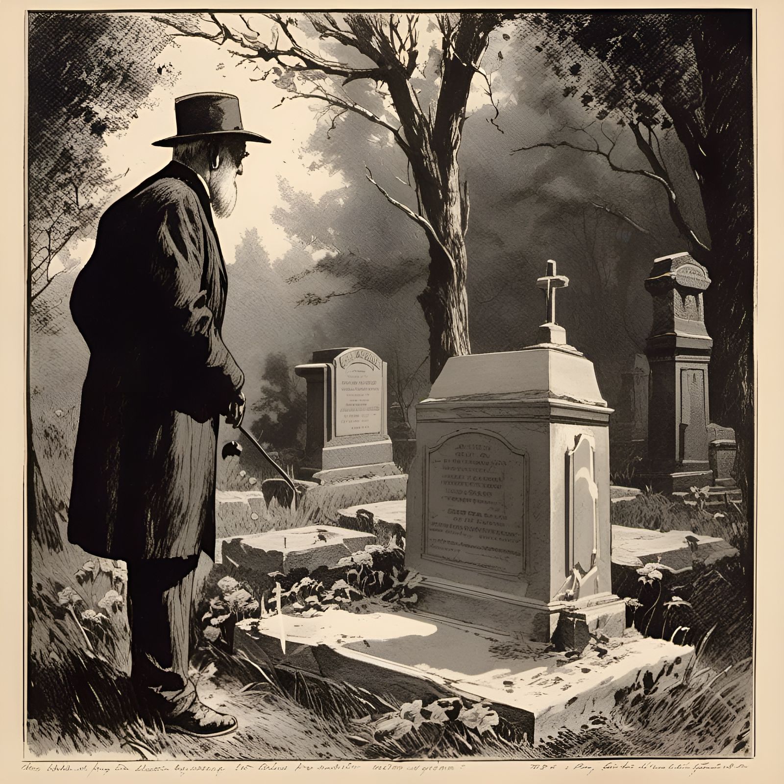 Vintage Ink Drawing: Old Man's Grief