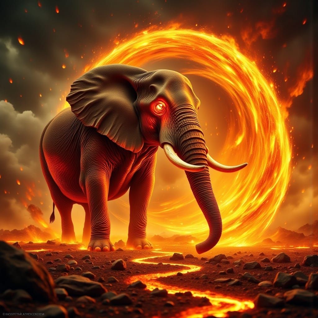 Hyper-Realistic Fire Elephant in a Swirling Inferno