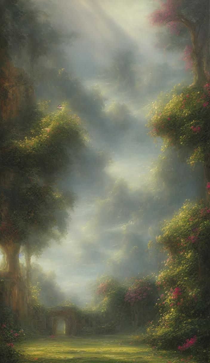 Ethereal Tower in Misty Valley: A Photorealistic Oil Paintin...