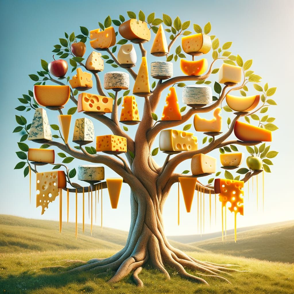 A Tree of Fine Cheeses in a Serene Meadow