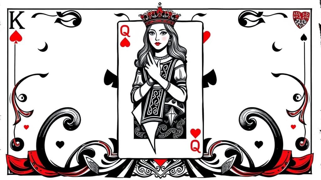 Socialist realism symmetrical queen of hearts playing card bold cartoon pen and ink complete image