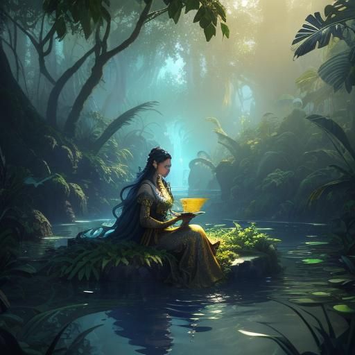 Mystical Woman in Ornate Bath, Fantasy Concept Art
