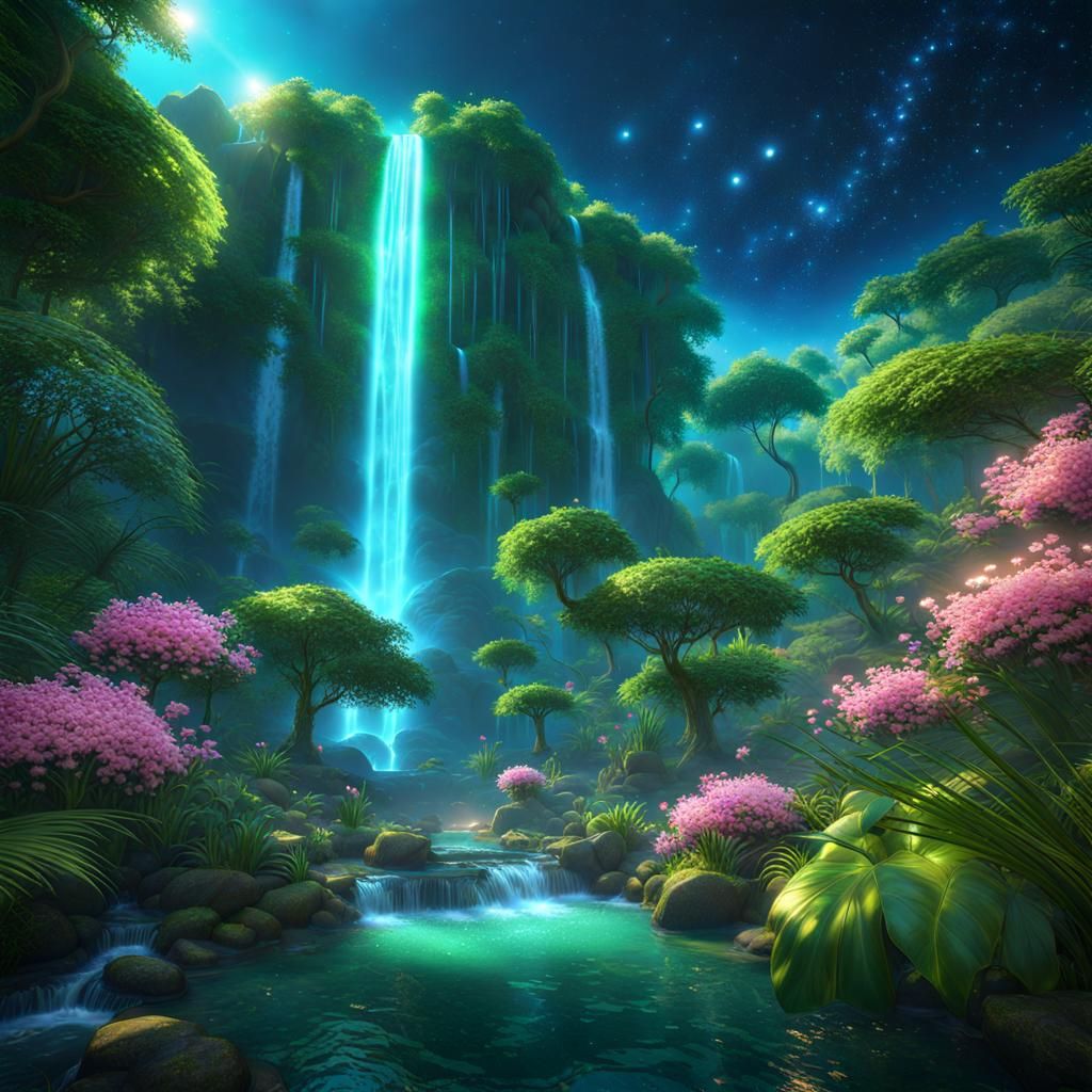 Enchanted Jungle Waterfall with Magic and Stars