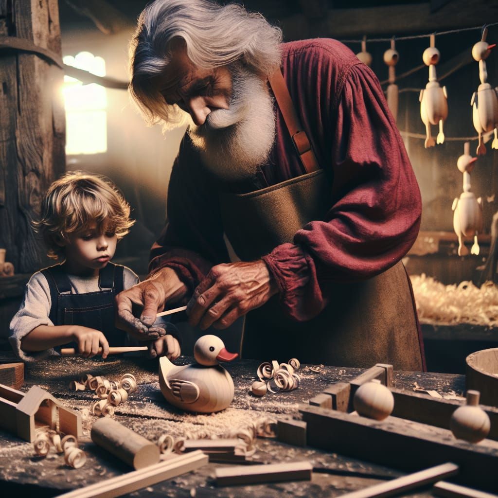 Woodworker and Grandchild Crafting a Toy Duck