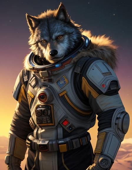 Hyperrealistic Wolfman in Spacesuit with Alien Sunset