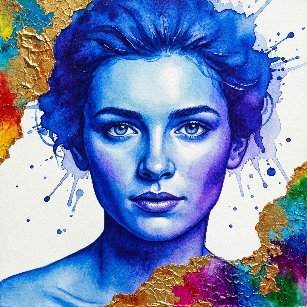 Watercolor Portrait in Blue and Purple with Embossed Relief