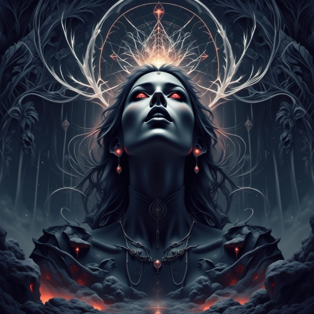 Witch Goddess with Red Eyes in Rainy Sky