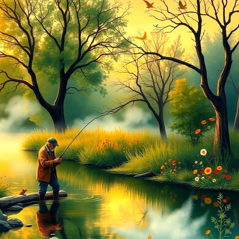 Whimsical Old Man in a Misty Creek Scene Inspired by Klee