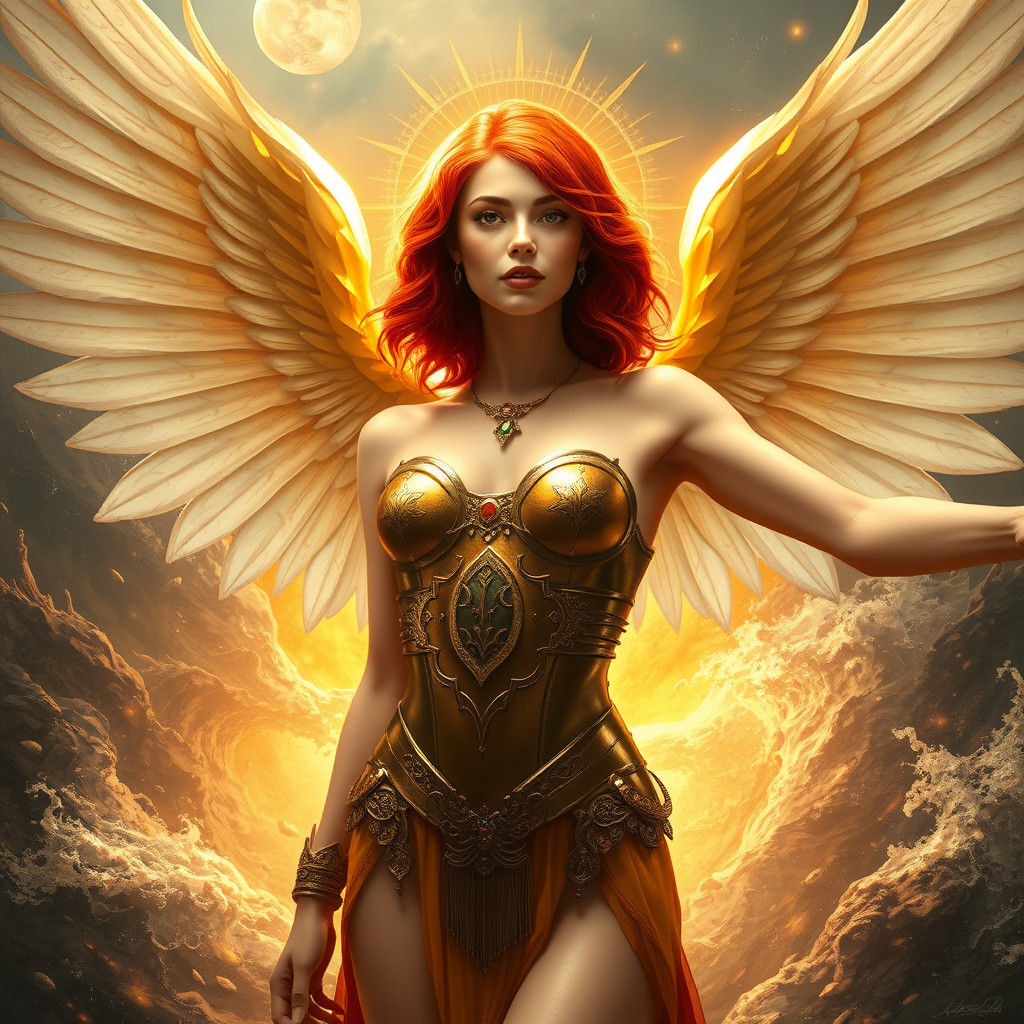 Goddess in Bronze Armor Amidst Elemental Vortex