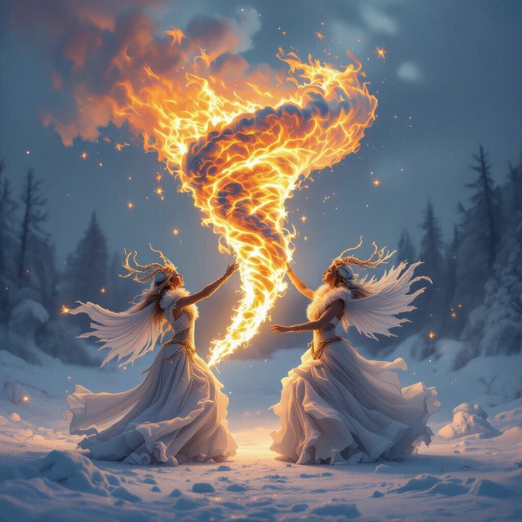 Dancing Mythical Creatures Form Fire and Ice Tornado