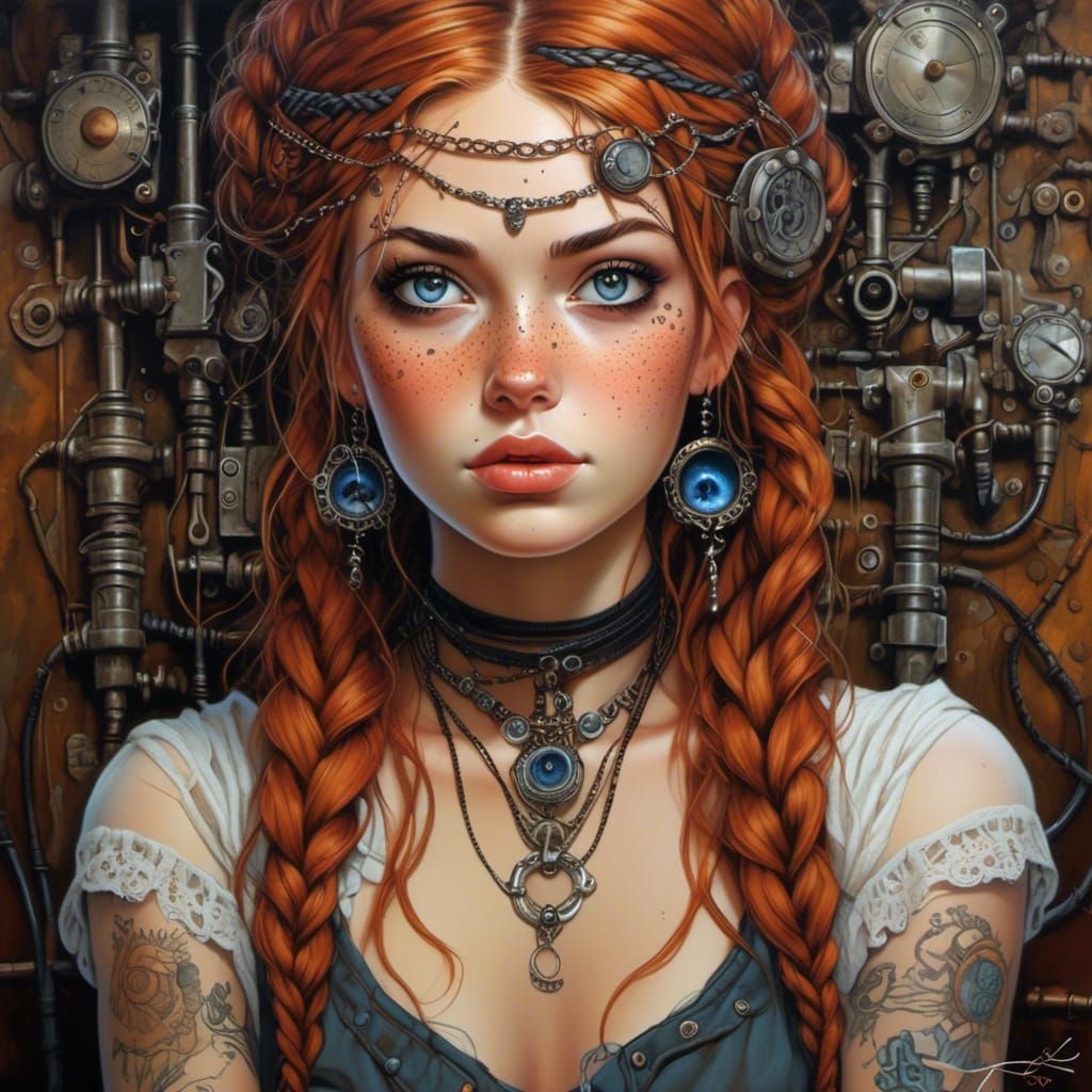 Auburn Beauty in Steampunk Pub, Anime Oil Painting