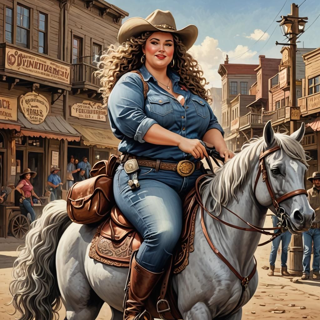 Curvy Gunslinger Rides Through Western Town