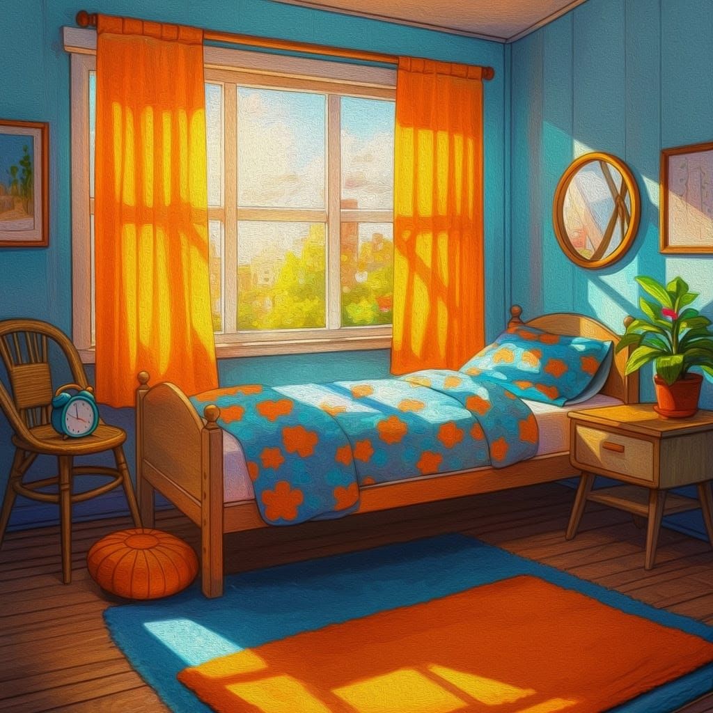 Retro Bedroom Oasis in Vibrant Blues and Oranges