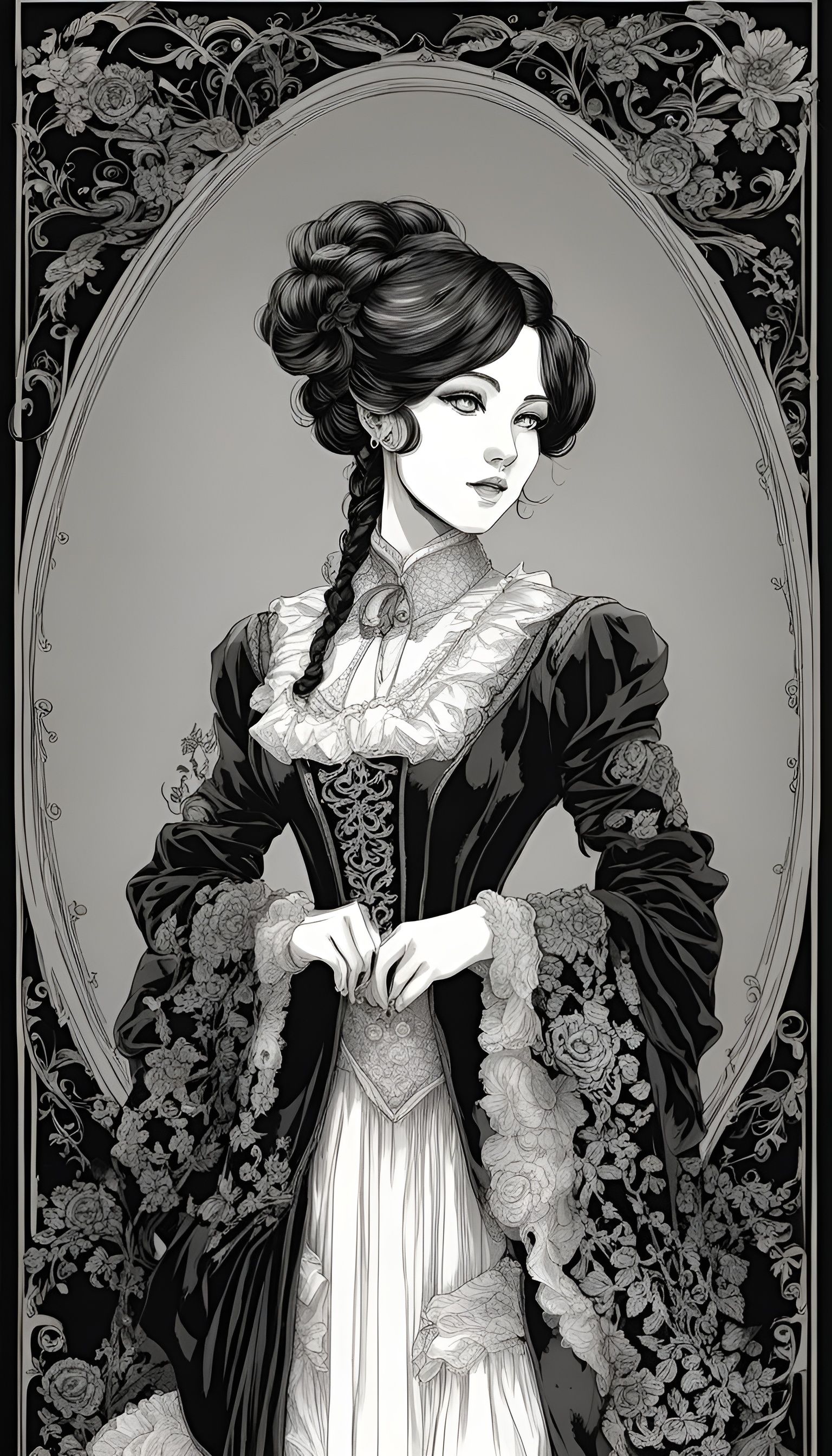 Victorian Woman Line Art Anime Illustration