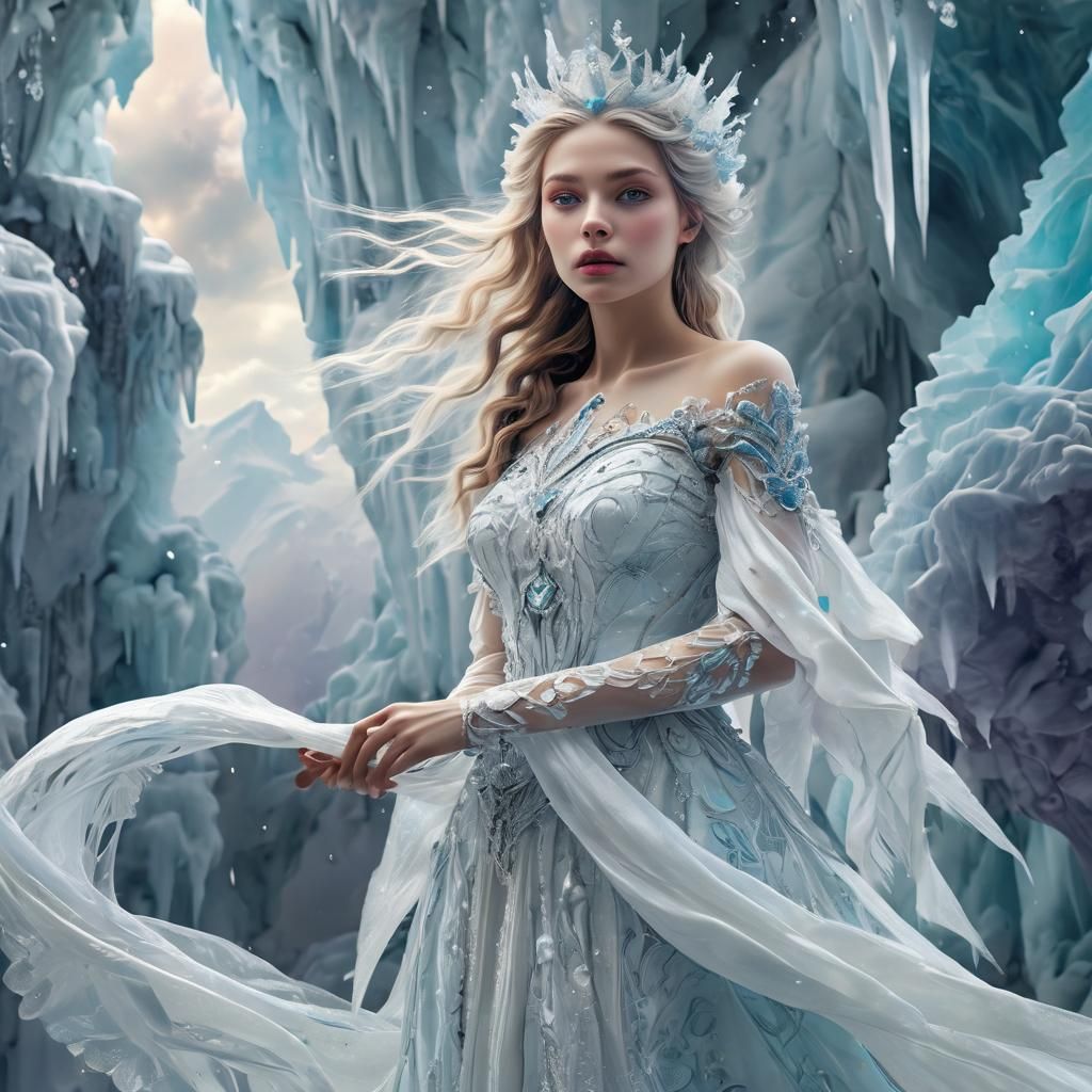 Icy Snow Queen Portrait in Fractal Dress