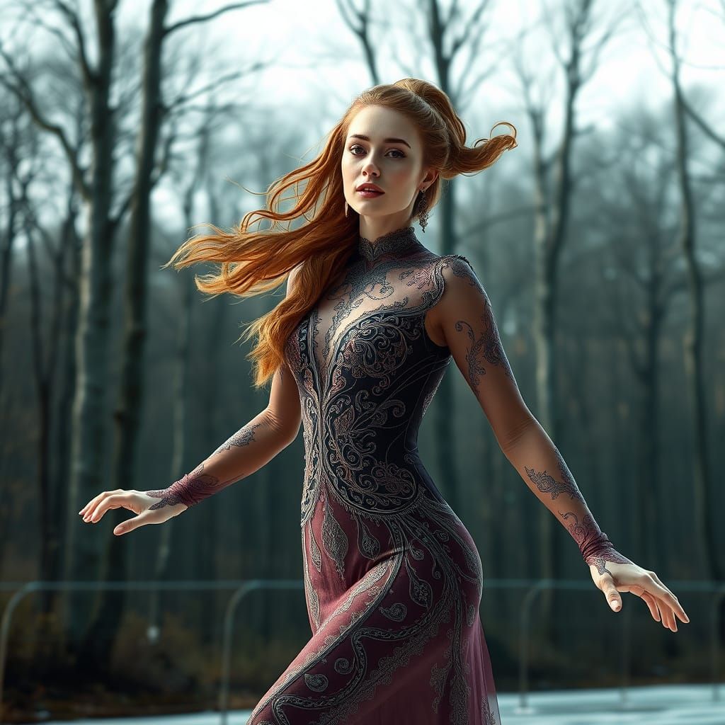 Hyperrealistic Dutch Woman Speed Skating in a Forest