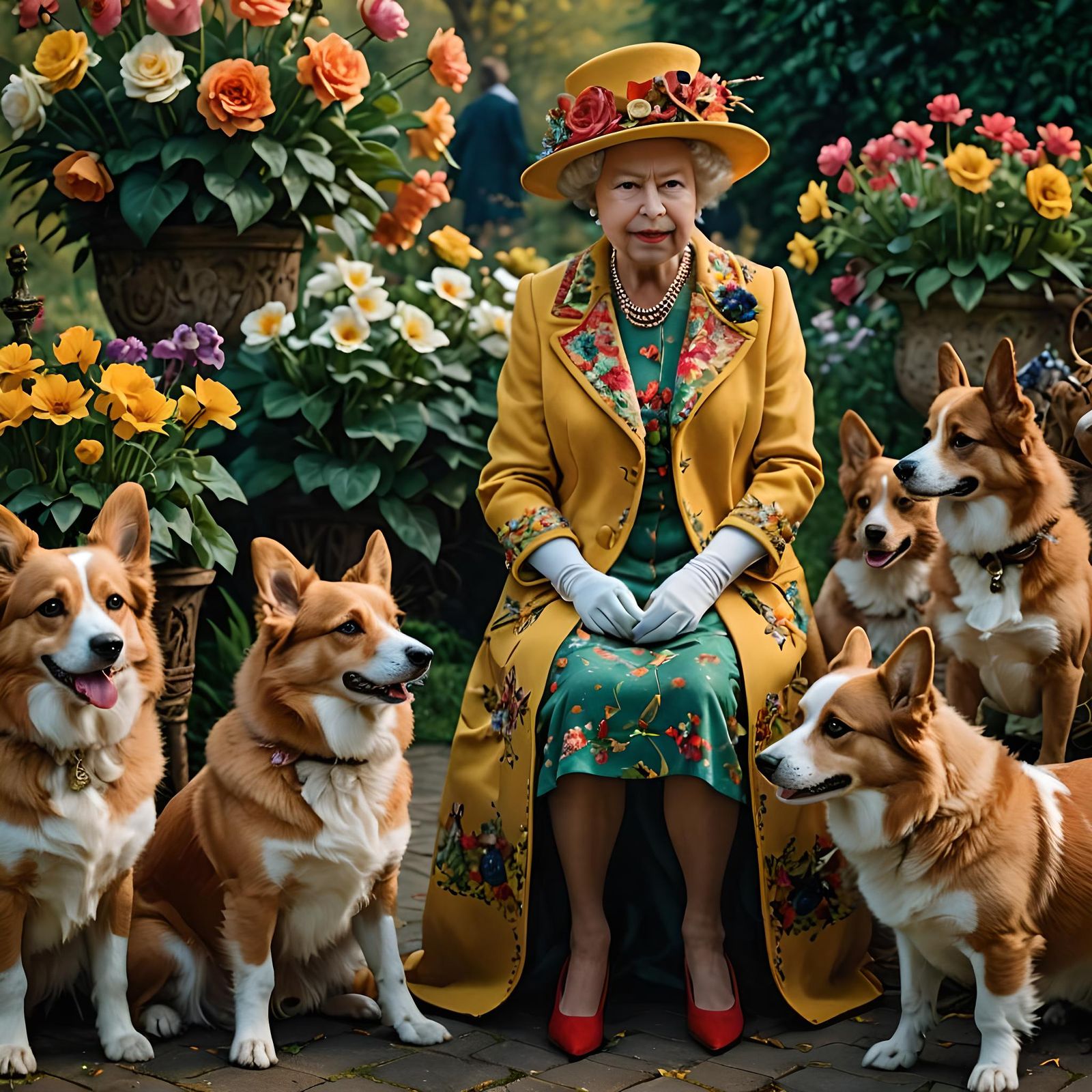 Maximalist Fairytale Photograph of Queen Elizabeth and her Pembroke Welsh Corgi Dogs