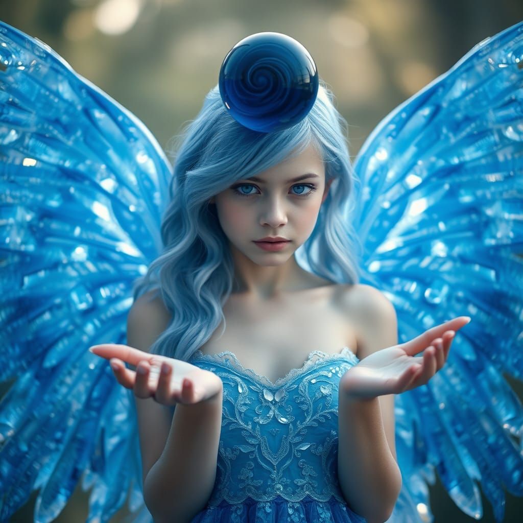 Icy Blue Haired Girl with Crystalline Wings