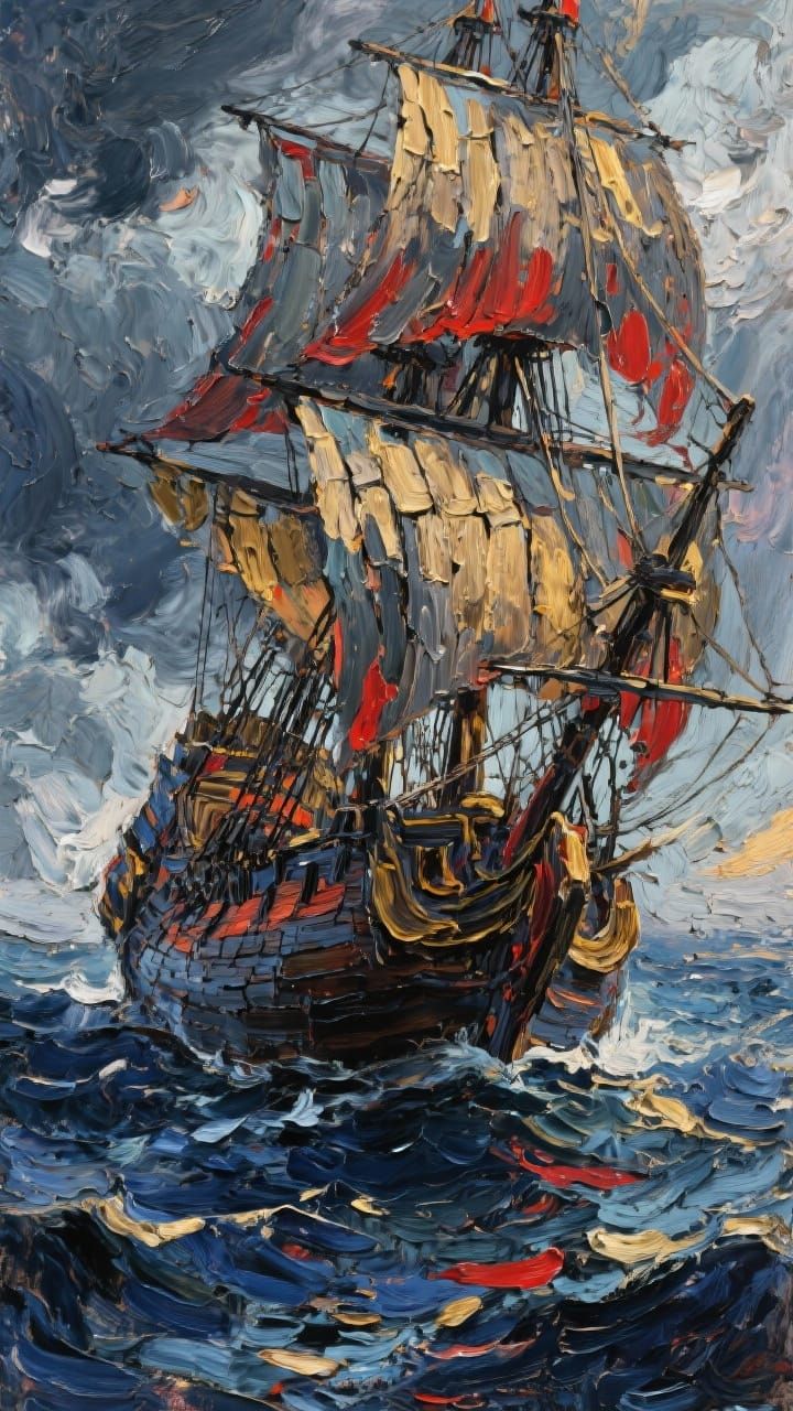 Stormy Pirate Ship at Sea as Impasto Painting