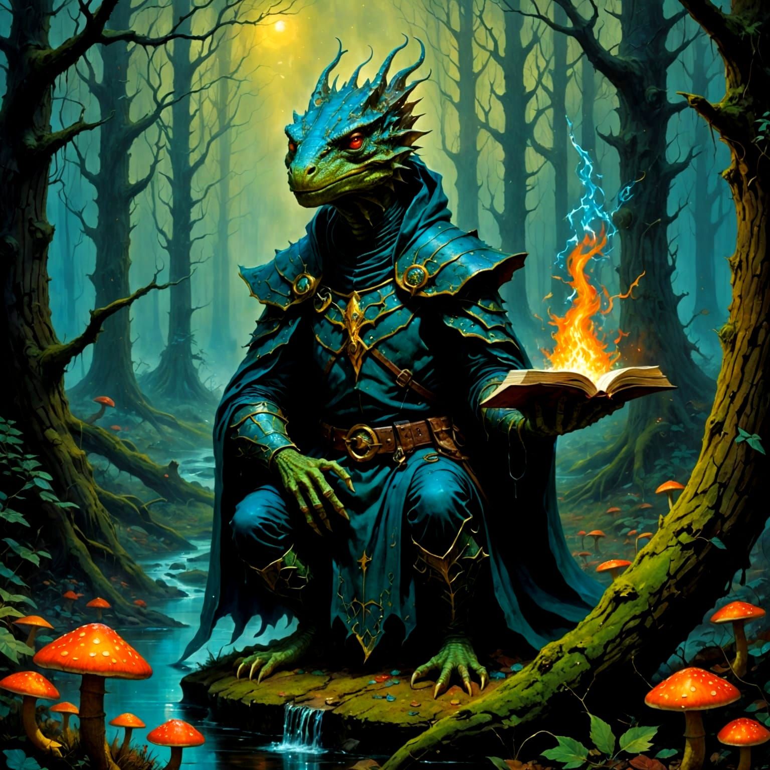 Dark Fantasy Lizard Wizard in a Haunted Forest