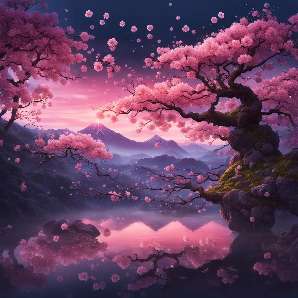 Double Exposure Sakura Blossom Twilight Landscape