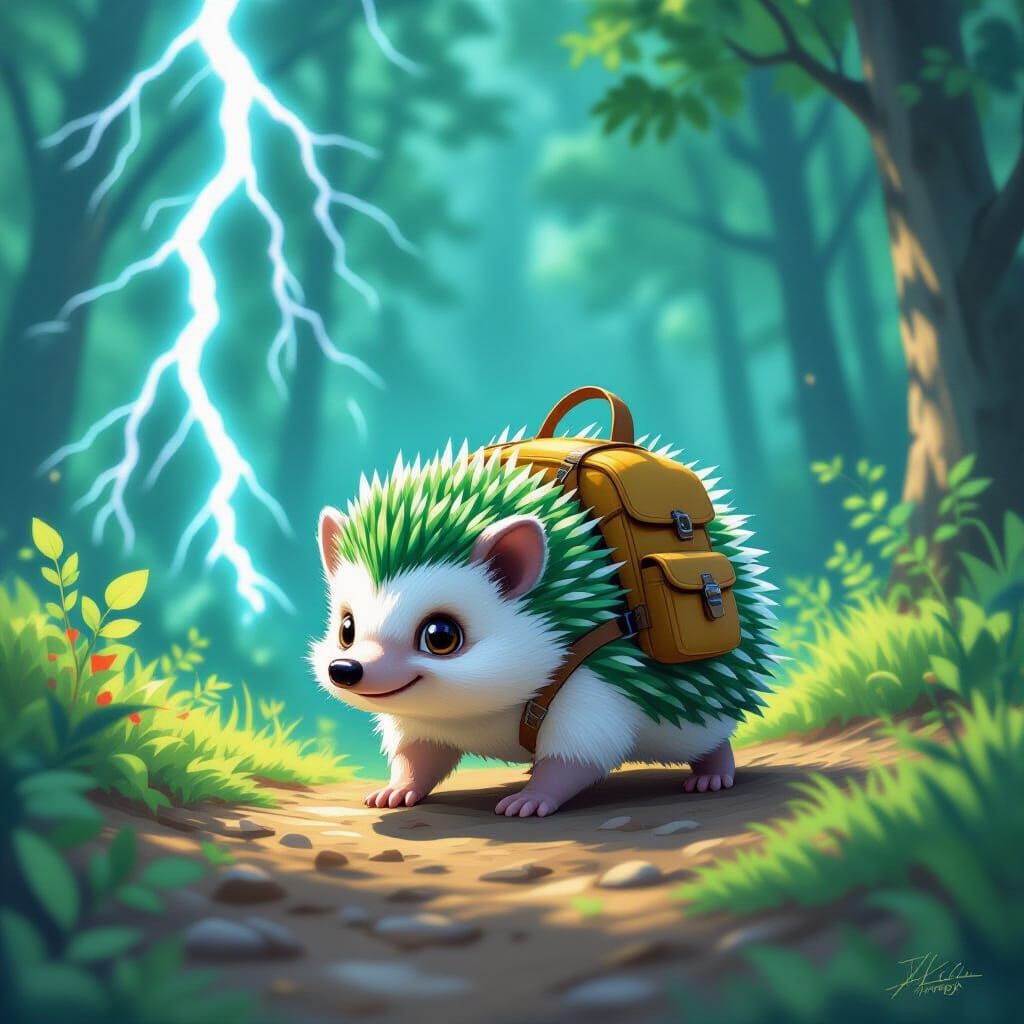Green Hedgehog in Vibrant Forest, Pixar Style