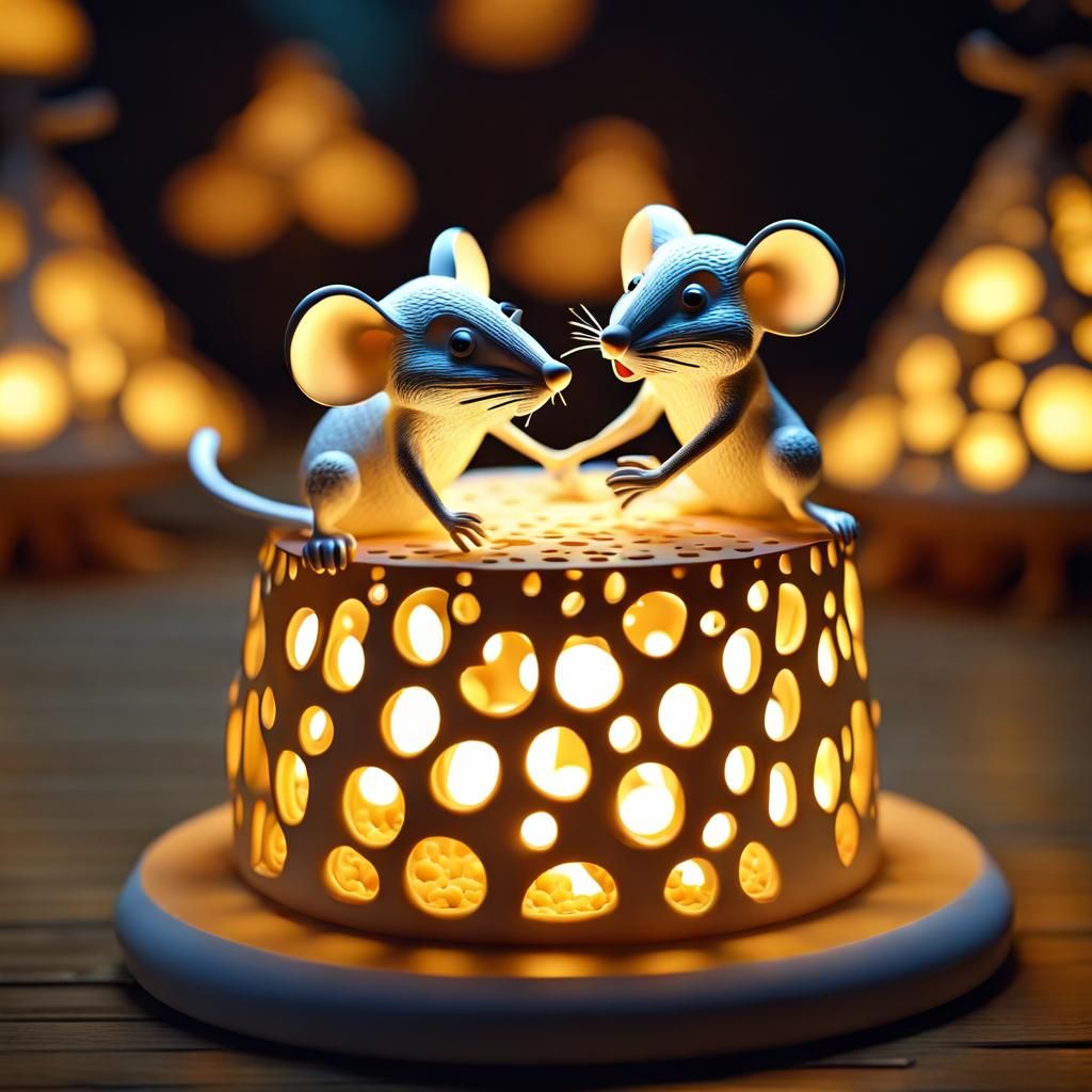 Cheese Mouse Figurines Dancing in Enchanted Forest