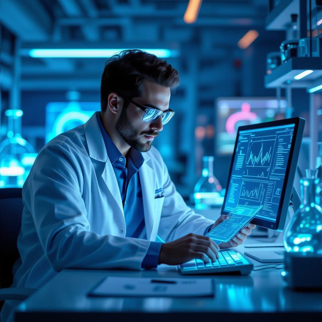 Futuristic Scientist Examining Data in Surreal Lab