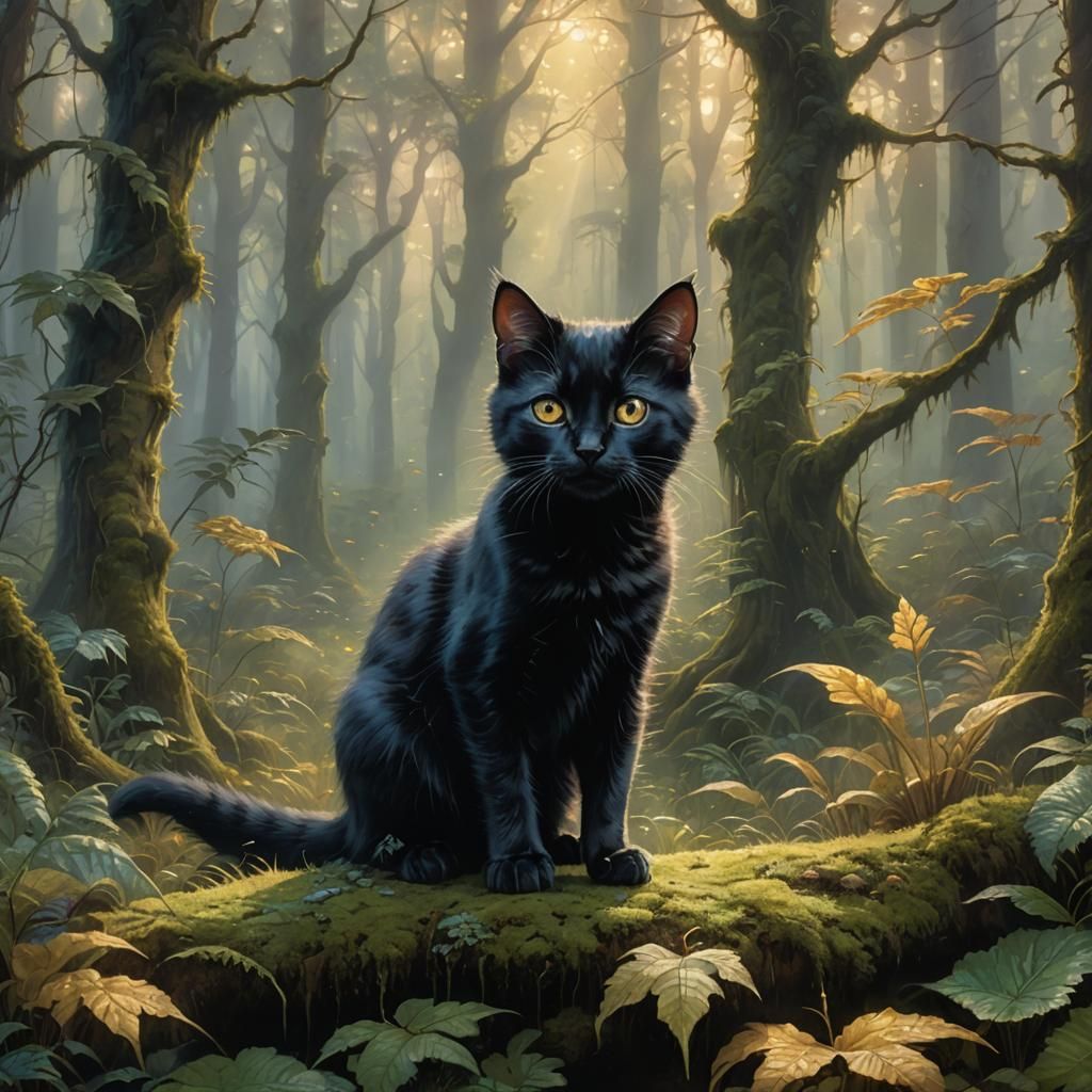 Black Kitten in Ethereal Forest, Kinkade Style