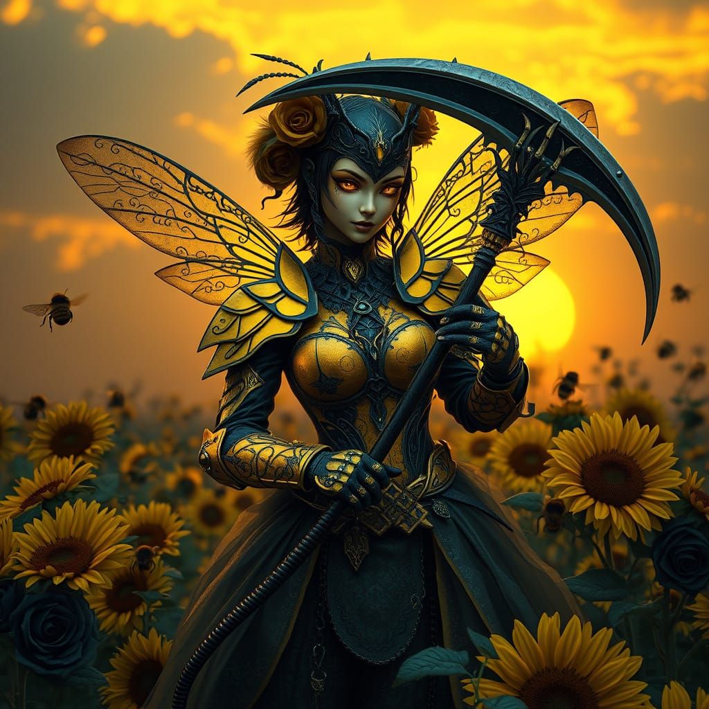 Dark Fantasy Bumblebee Warrior in Iridescent Armor, Filigree...