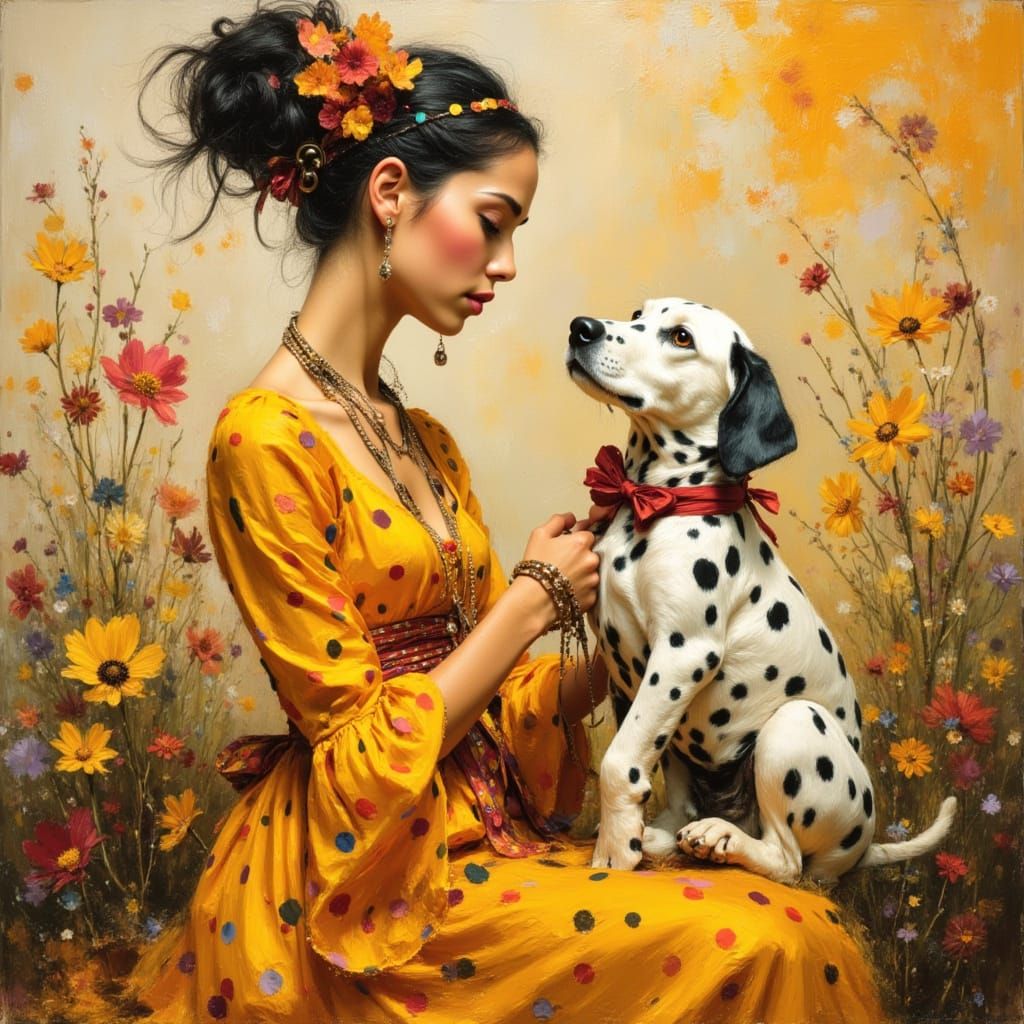 Renaissance Android Portrait With Polka Dots and Puppy