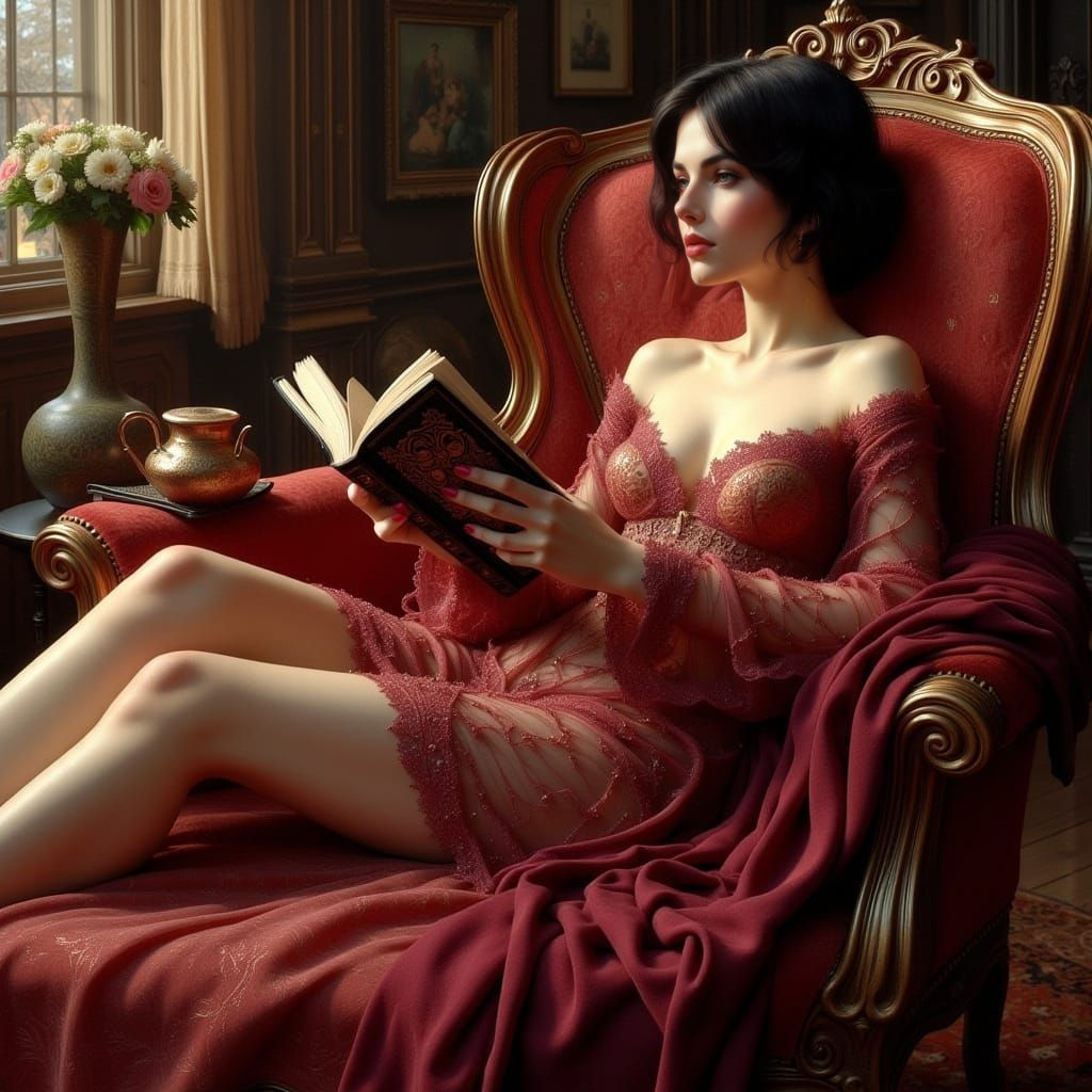 Elegant Woman Reads in a Rich, Vibrant Art Nouveau Style