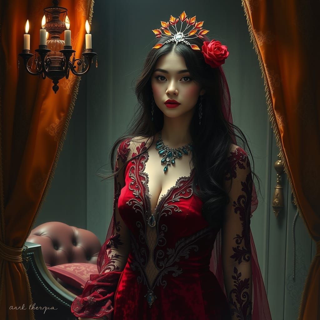 Enchanting Woman in Crimson Velvet, Dark Romanticism