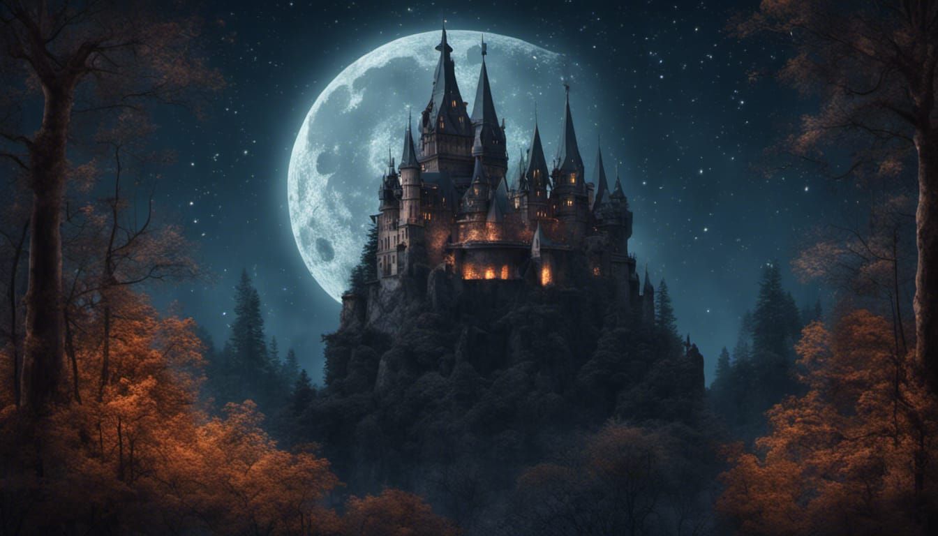 Eerie Forest: Dark Castle Under Moonlight