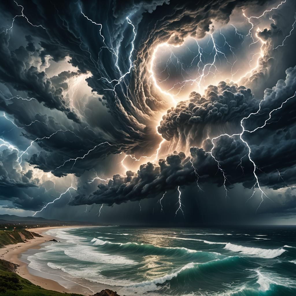 In the style of a National Geographic documentary: From a bird's-eye view, a massive, swirling storm approaches the U.S....